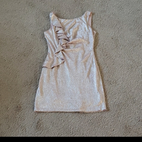 Adrianna Papell small pink foil complete stretch ruffle trim ruched party dress - Picture 6 of 12